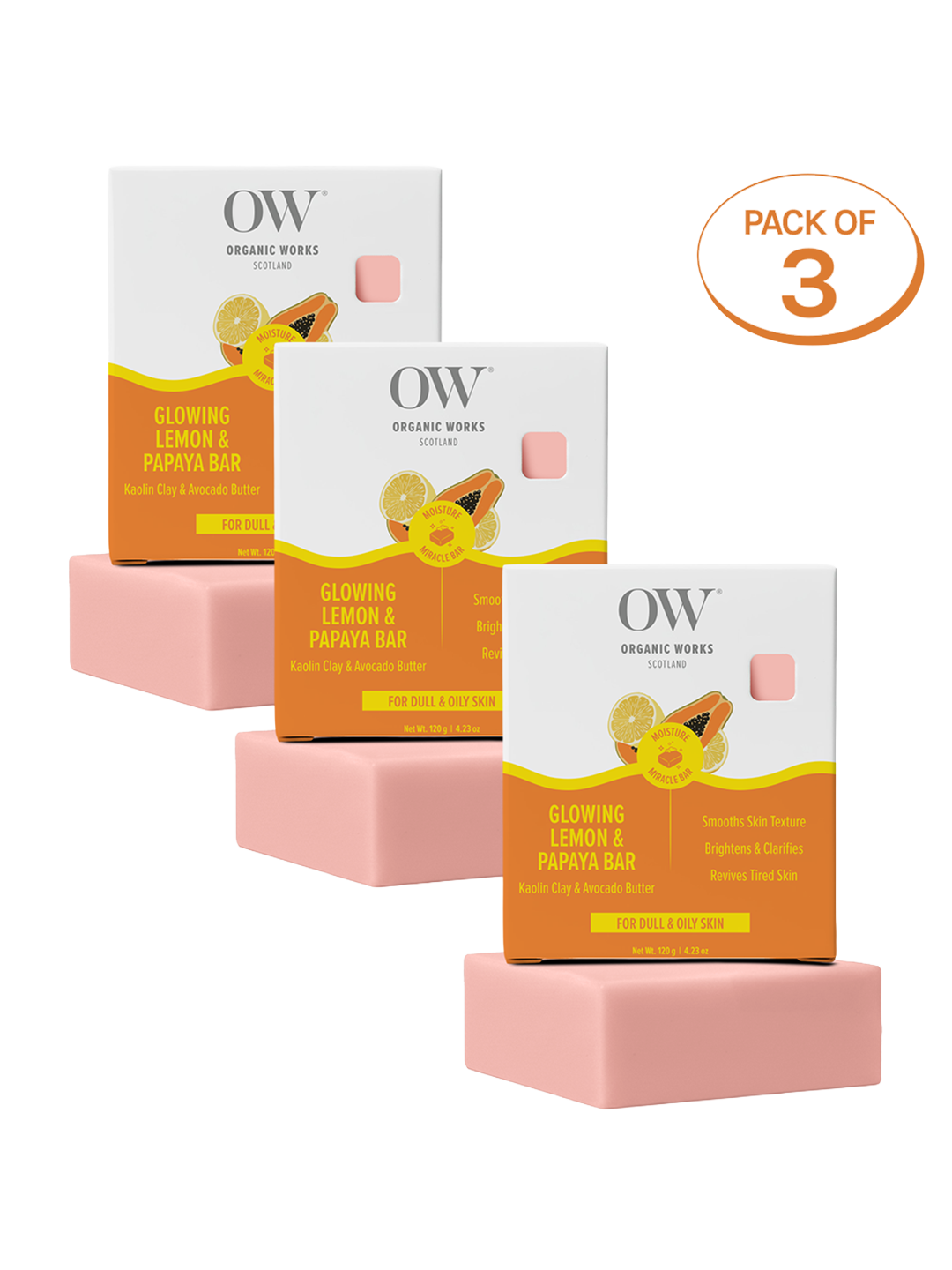 Organic Works Natural Glowing Lemon & Papaya Soap for Dull & Oily Skin (Pack of 3)