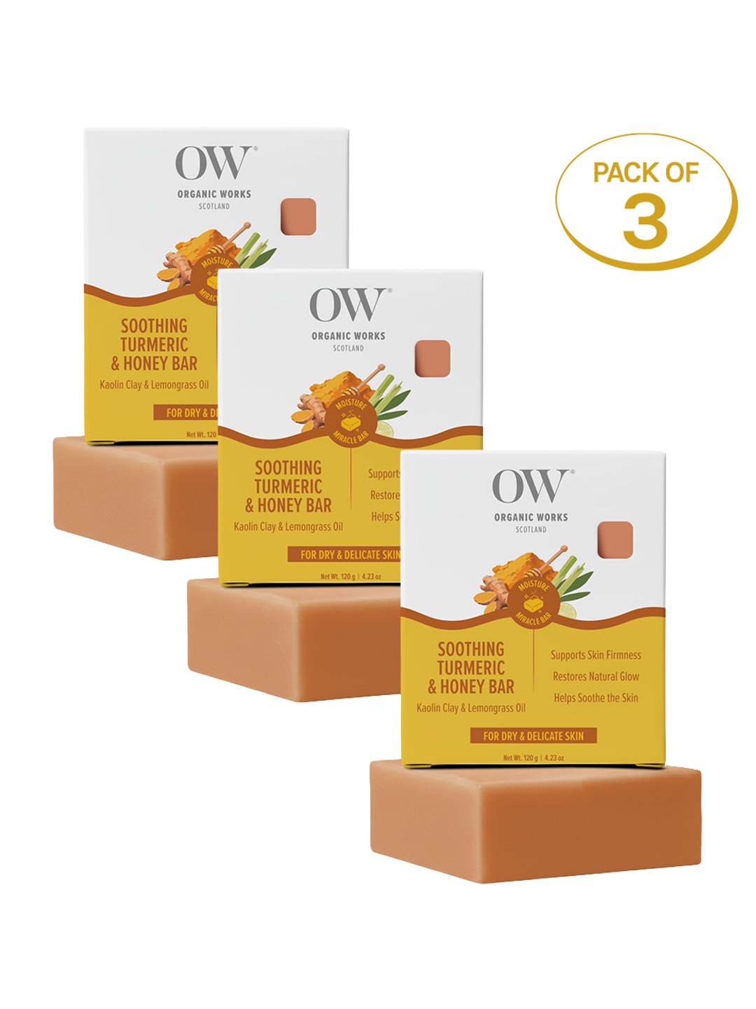 Organic Works Natural Soothing Turmeric & Honey Soap for Dry & Sensitive Skin (Pack of 3)